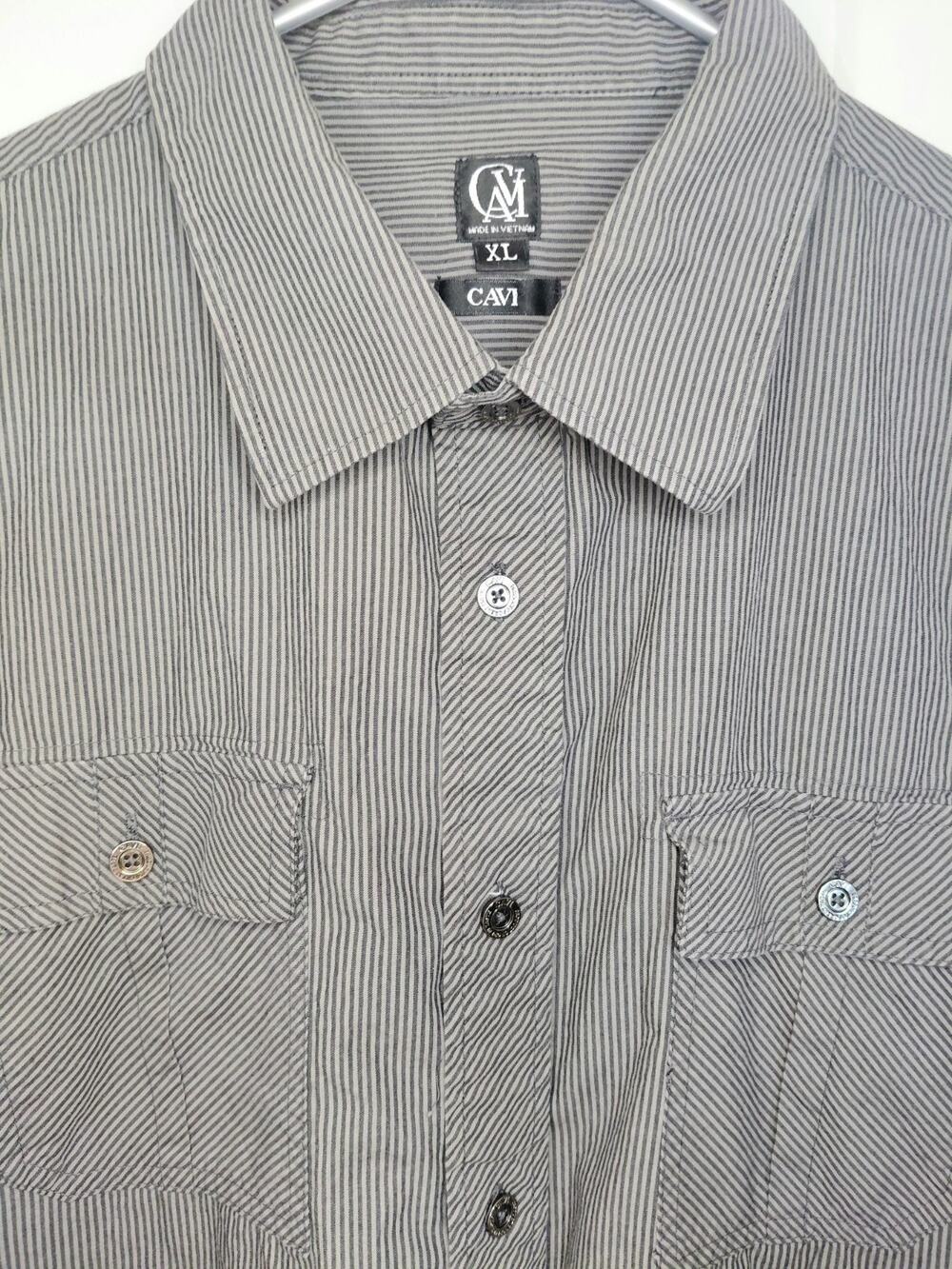 CAVI Men’s XL Work Shirt Long Sleeve Grey Black Pinstripe Hickory Stripe Pockets
